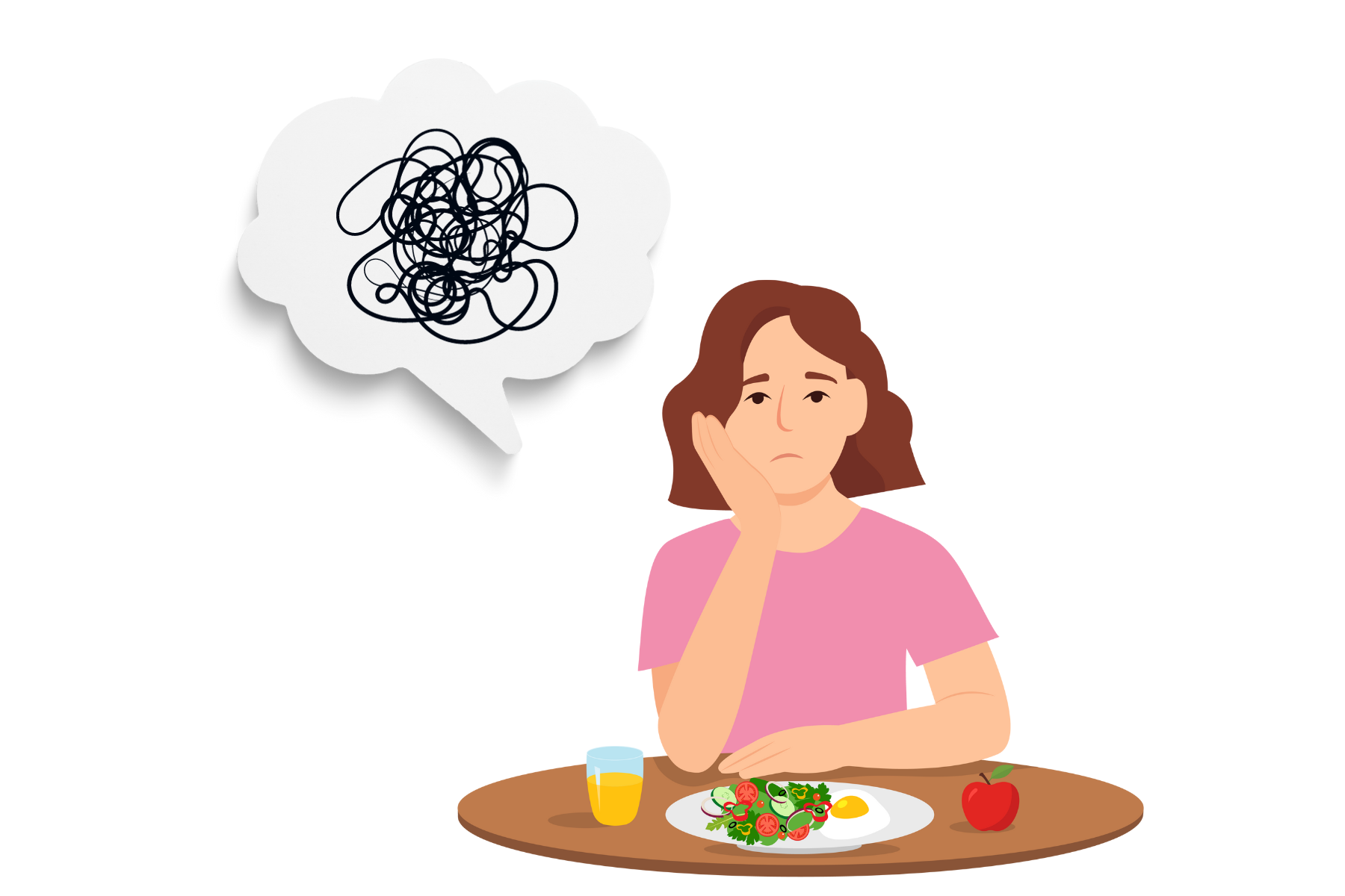 drawing of a woman sitting in front of an empty plate with a thought bubble of scrambled lines in it