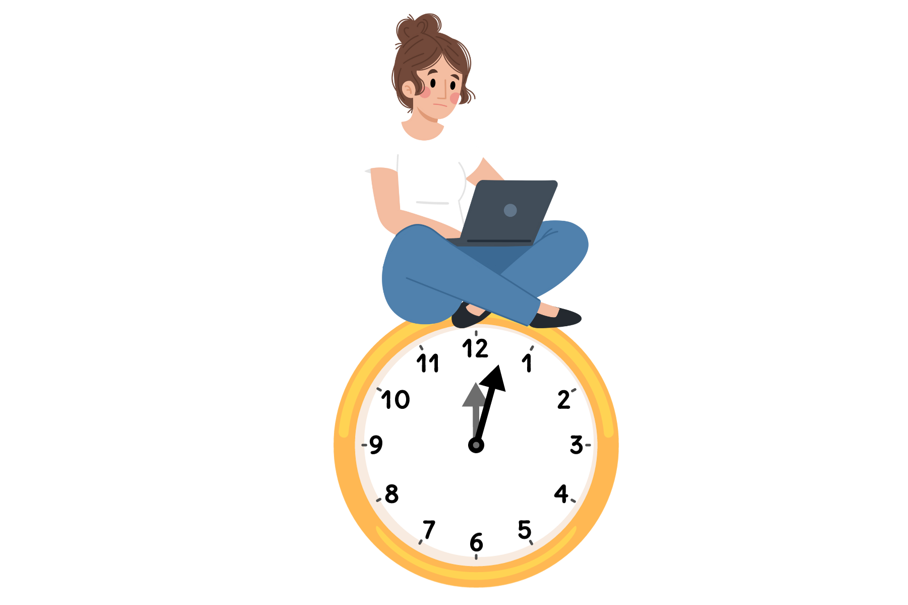 drawn image of a woman sitting on top of a large clock with a laptop in her hand