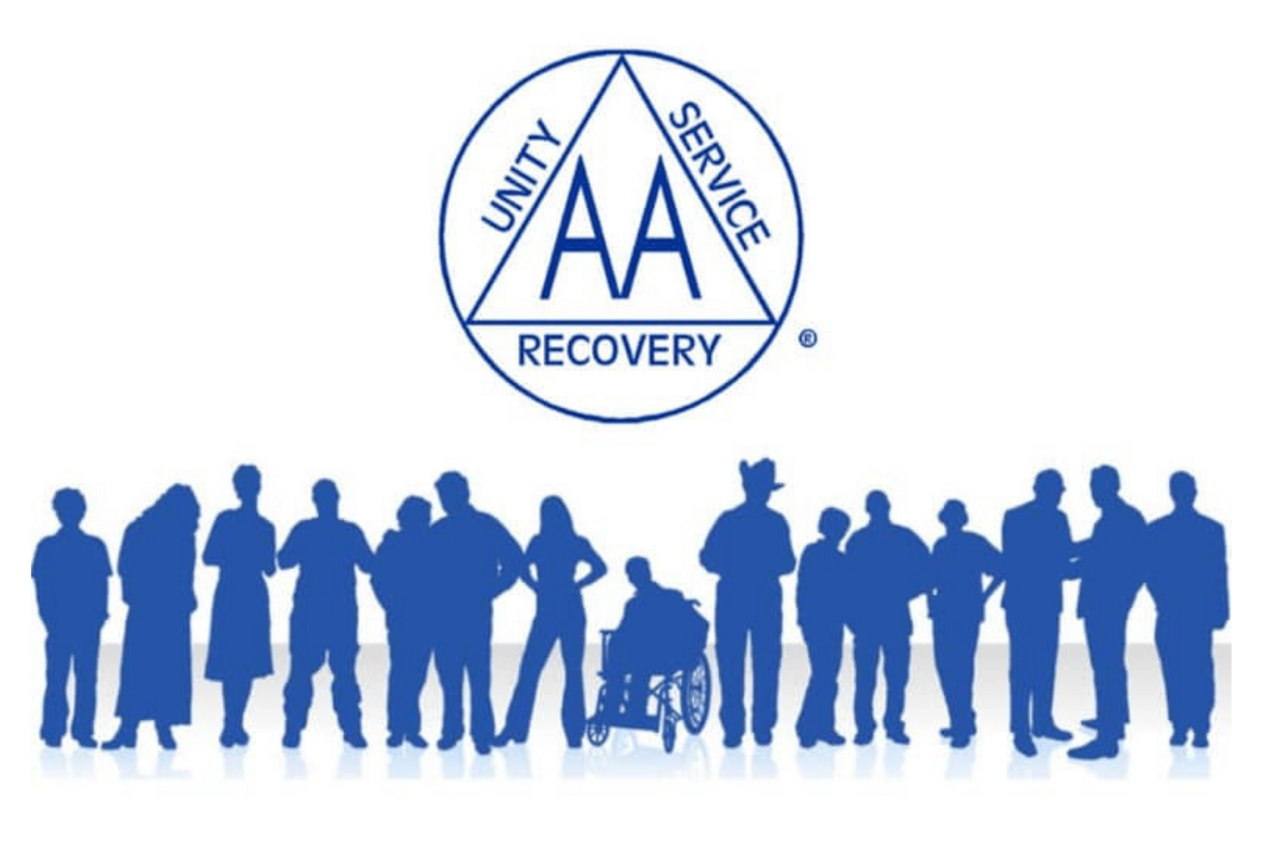 Alcoholics Anonymous logo with a drawing of many silhouettes under the name