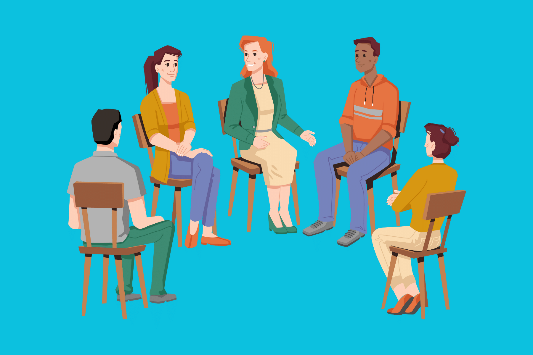 drawing of 6 people sitting in chairs in a circle all of different genders, sizes and races