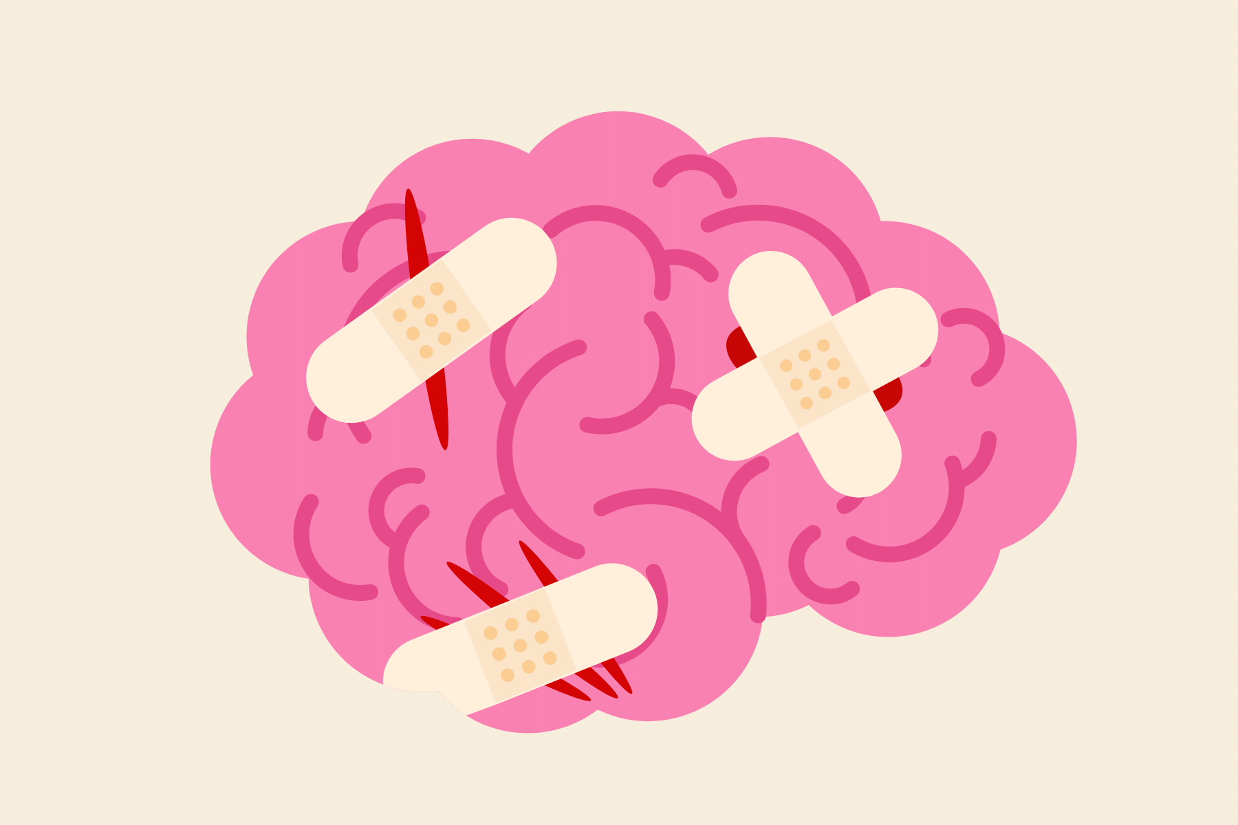 drawn image of a brain with bandages wrapped around it