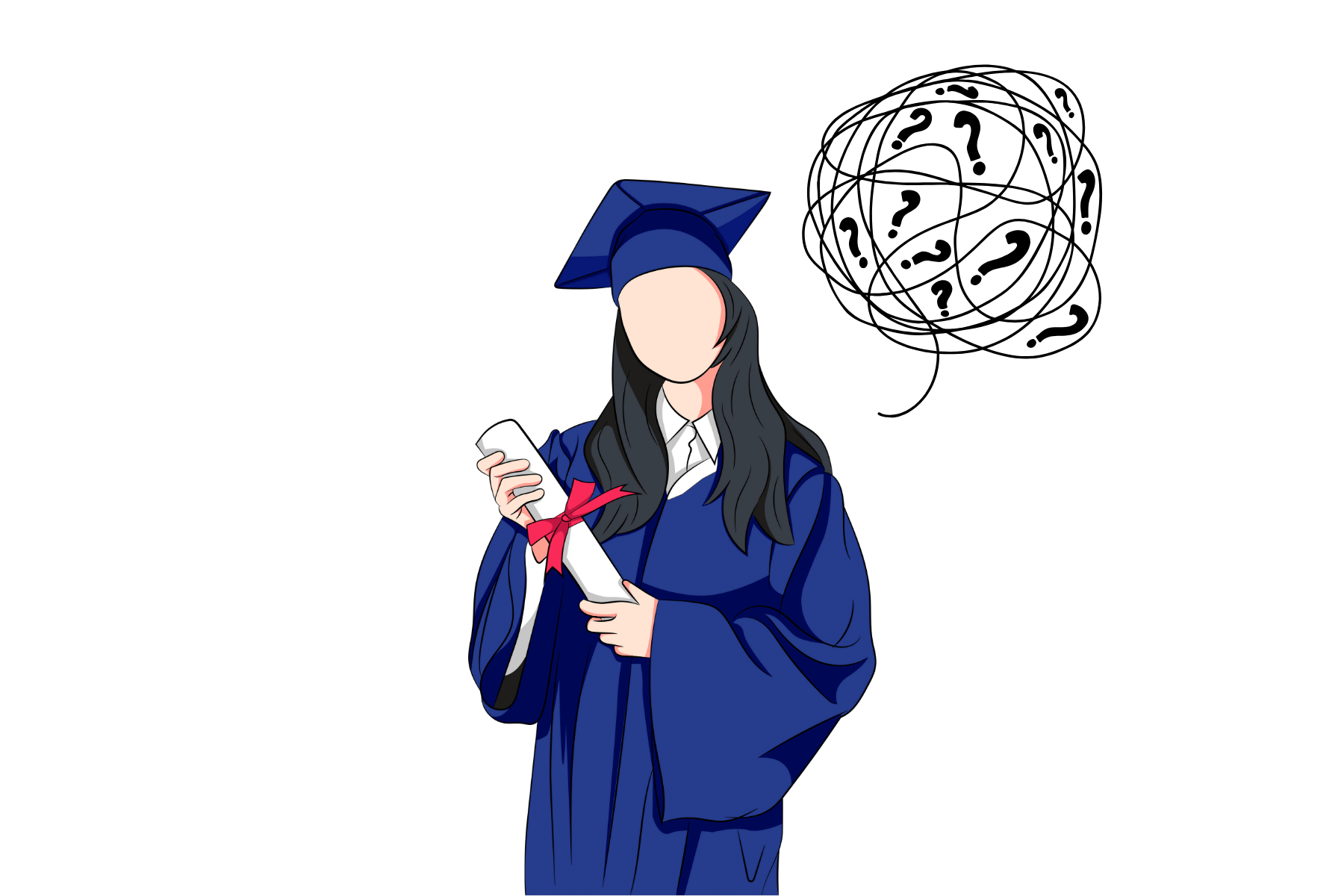 drawn image of a faceless student in a cap and gown with a bubble thought with question marks inside