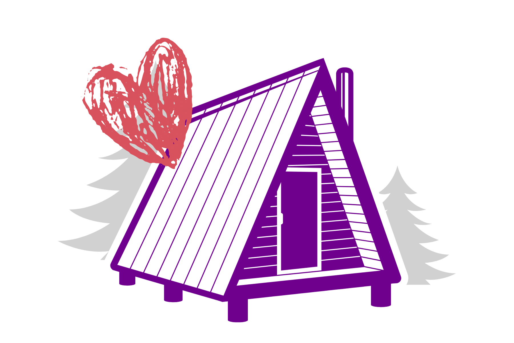 Drawn purple outline of an A Frame house with a heart drawn in the middle