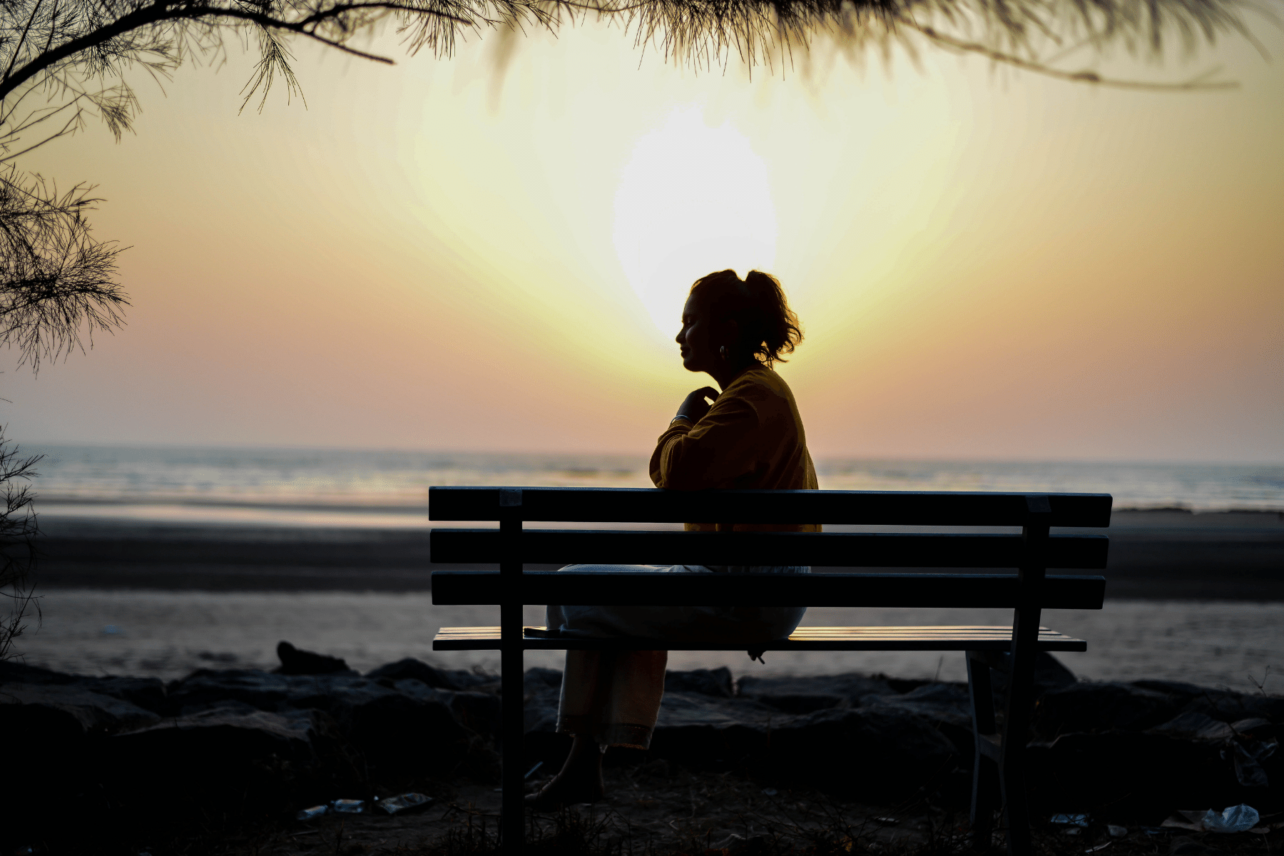 picture of the back of a person sitting on a bench looking out at water