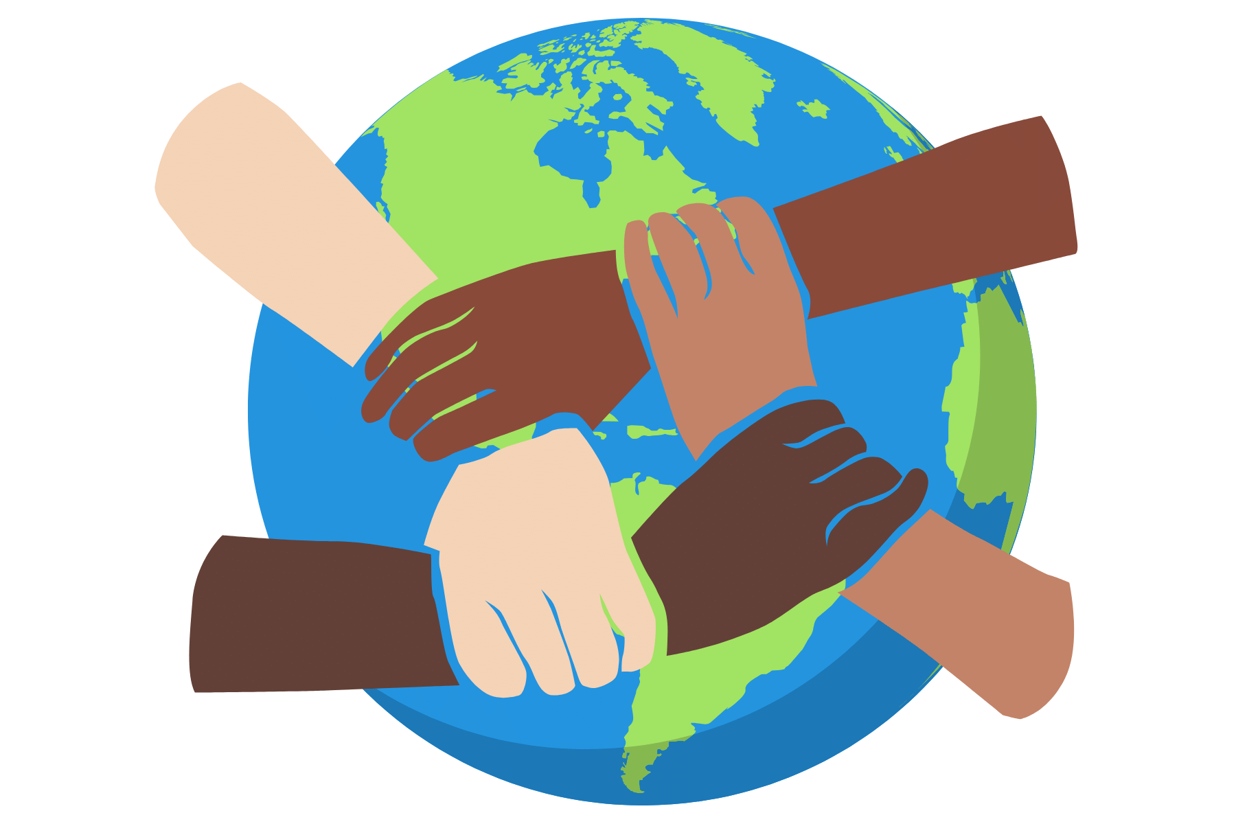 Image of earth with multiracial hands holding each others arms
