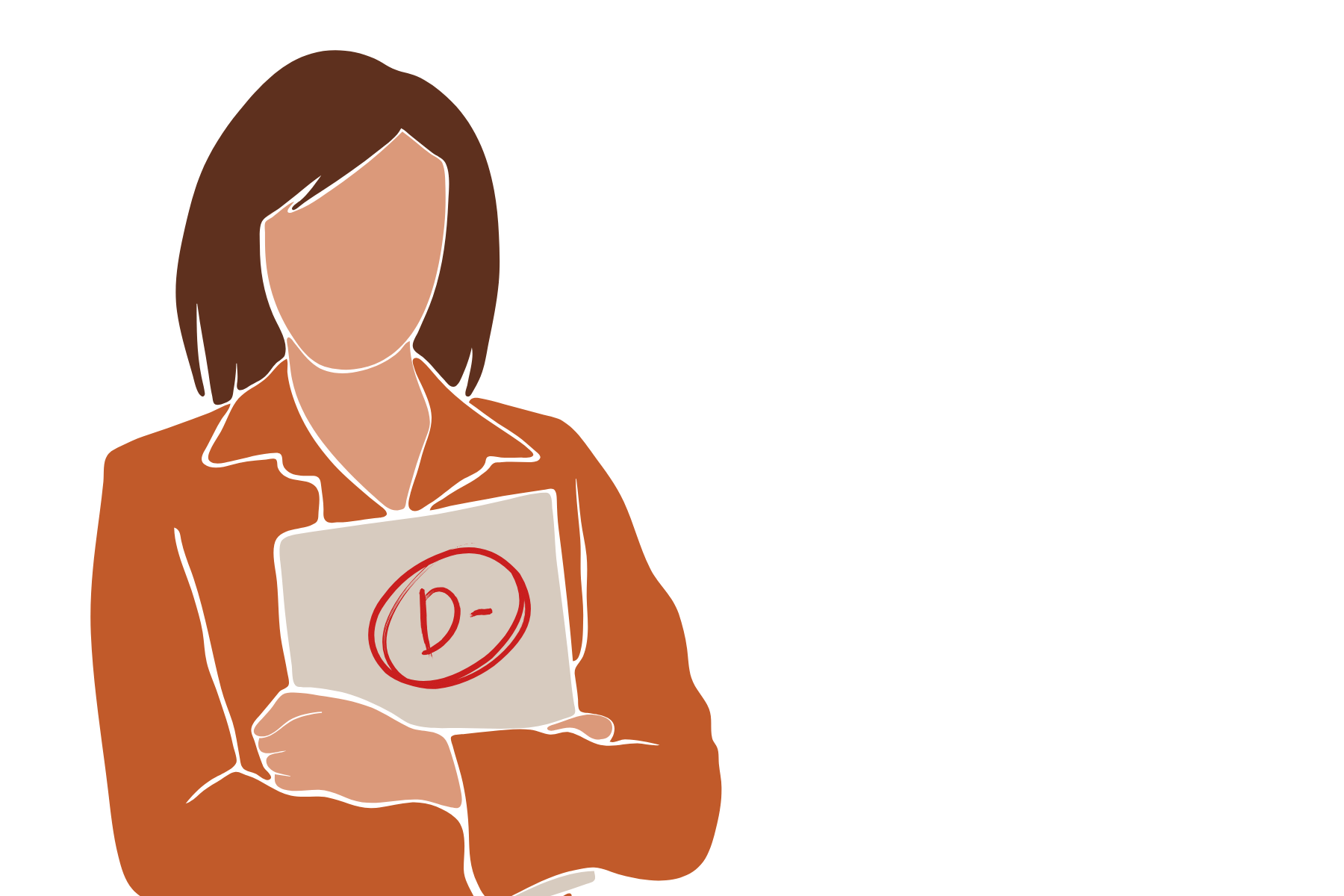 photo of a faceless person with straight brown hair holding a report card with a D on it.