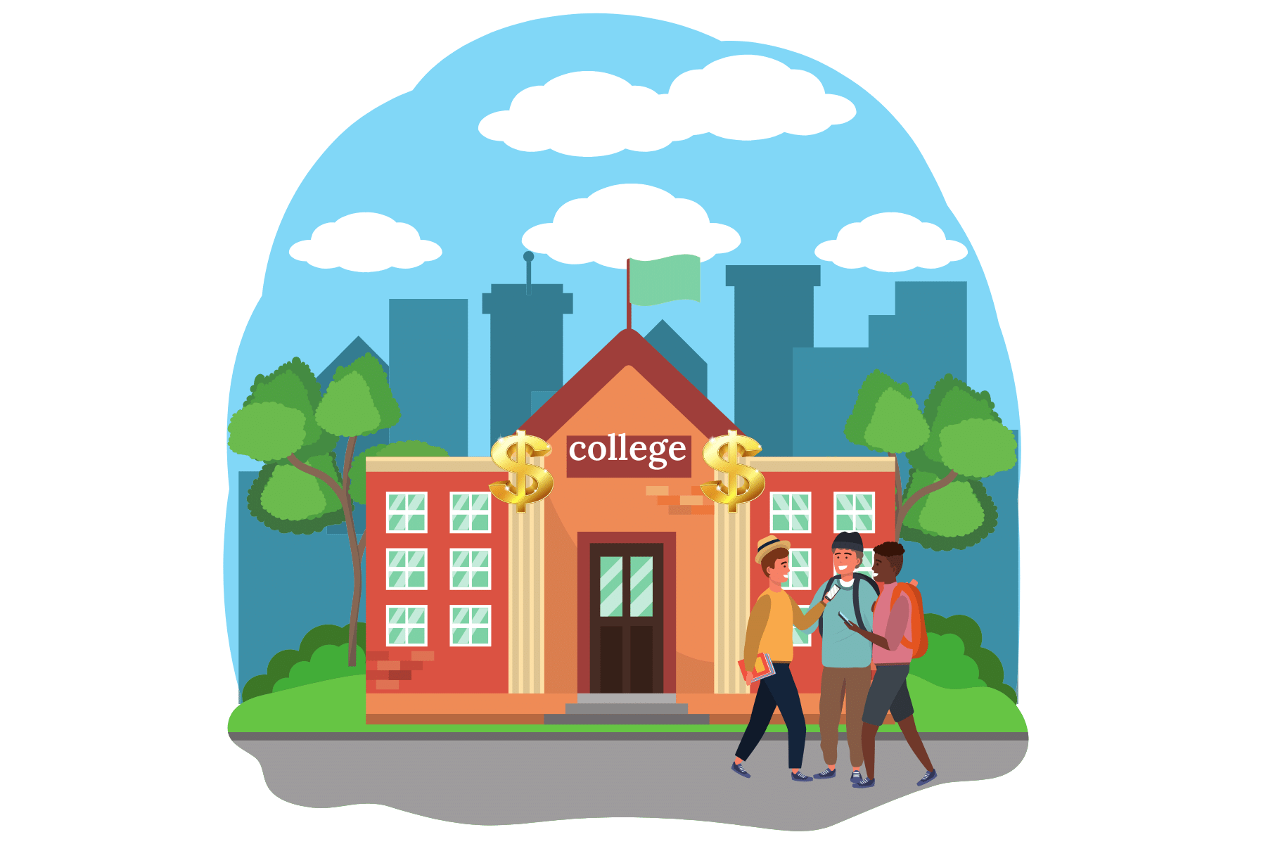 students outside of a building that says college on it with money signs on the front of the building