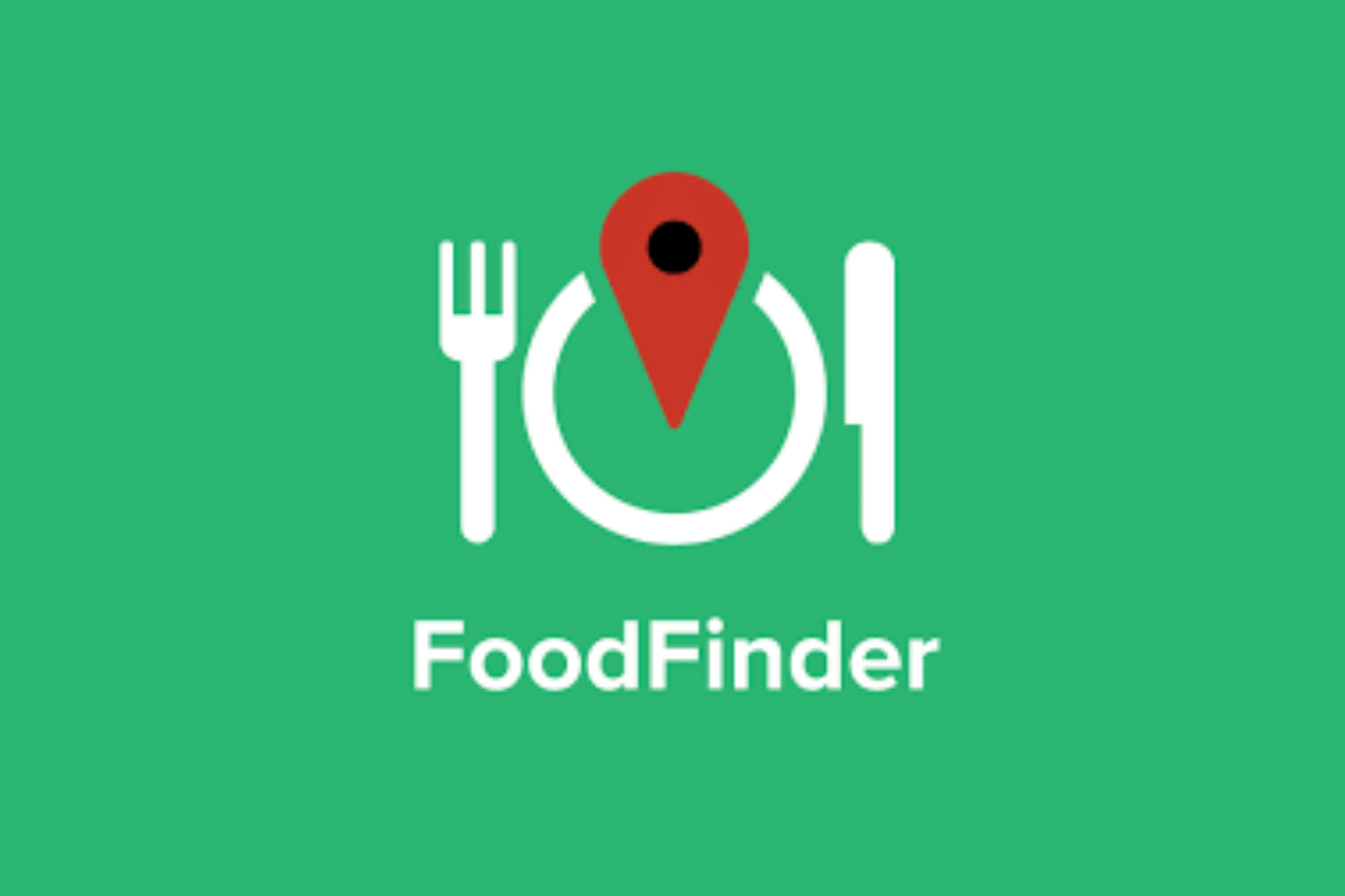 fork plate spoon on green background with the words food finder