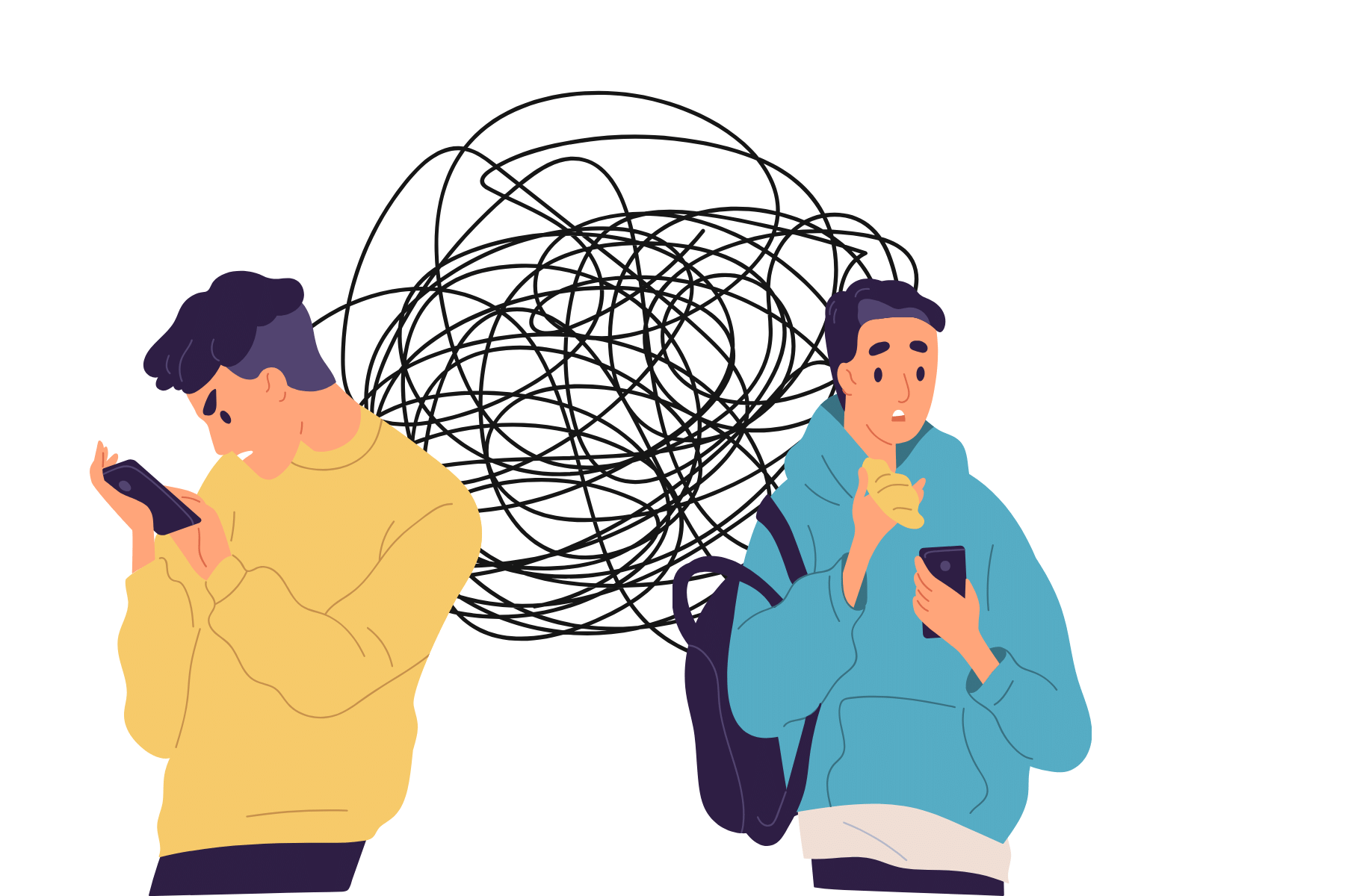 two people on their phones with squiggly lines in between representing confusion