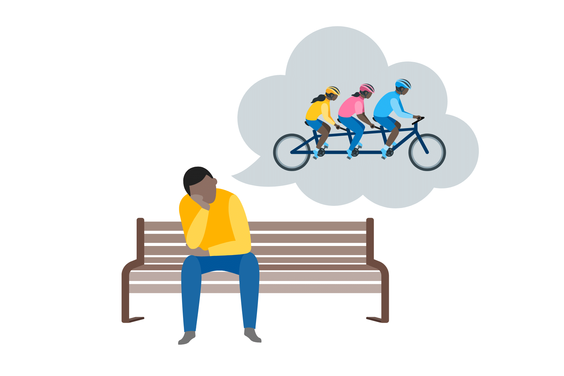 image of a college age student sitting on a bench with a thought bubble of a family riding bikes