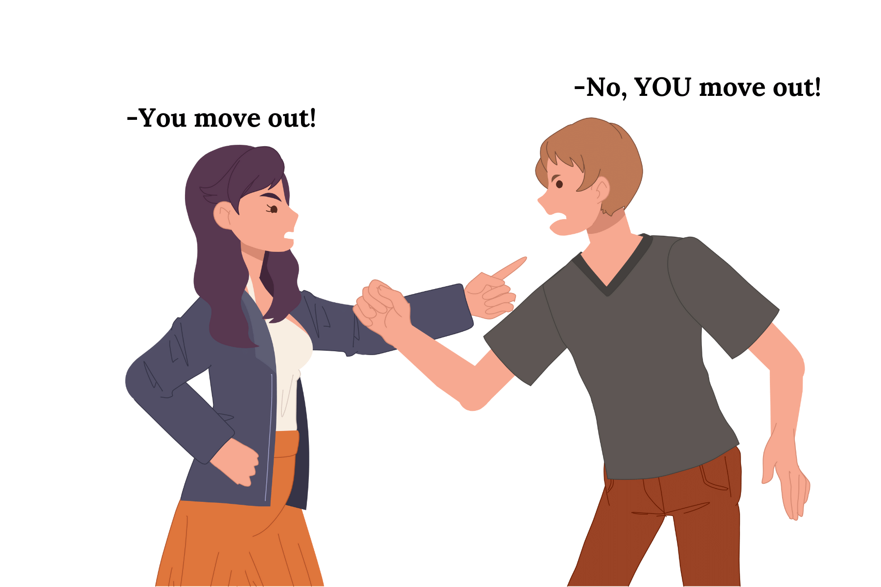 cartoon drawing of two people arguing about moving out