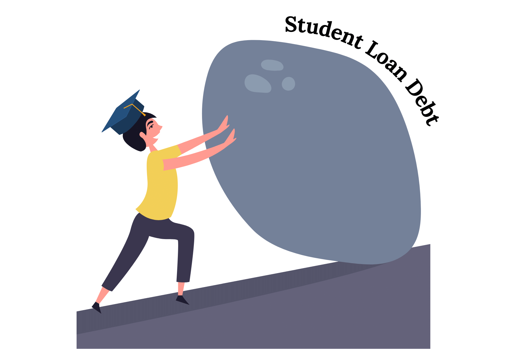 drawing of a stick figure with a graduation cap on pushing a bolder up a hill