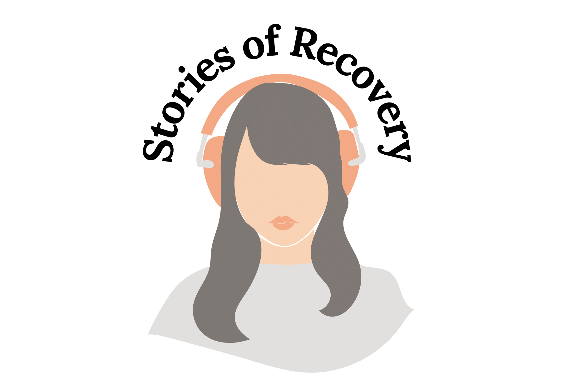 cartoon woman with earphones on and it says stories of recovery over her head