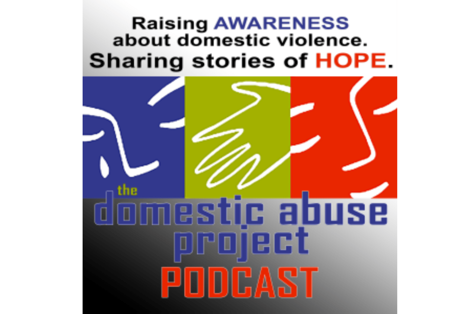 red, blue, and lime green album cover that says the domestic abuse project podcast