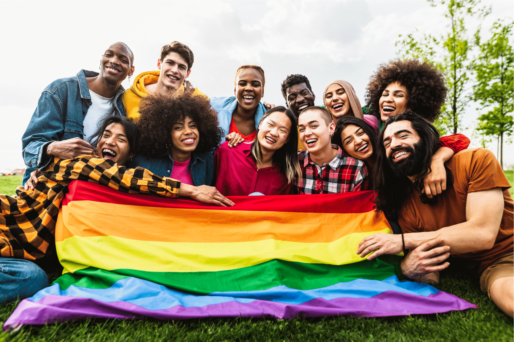 cartoon group of people with a rainbow pride flag