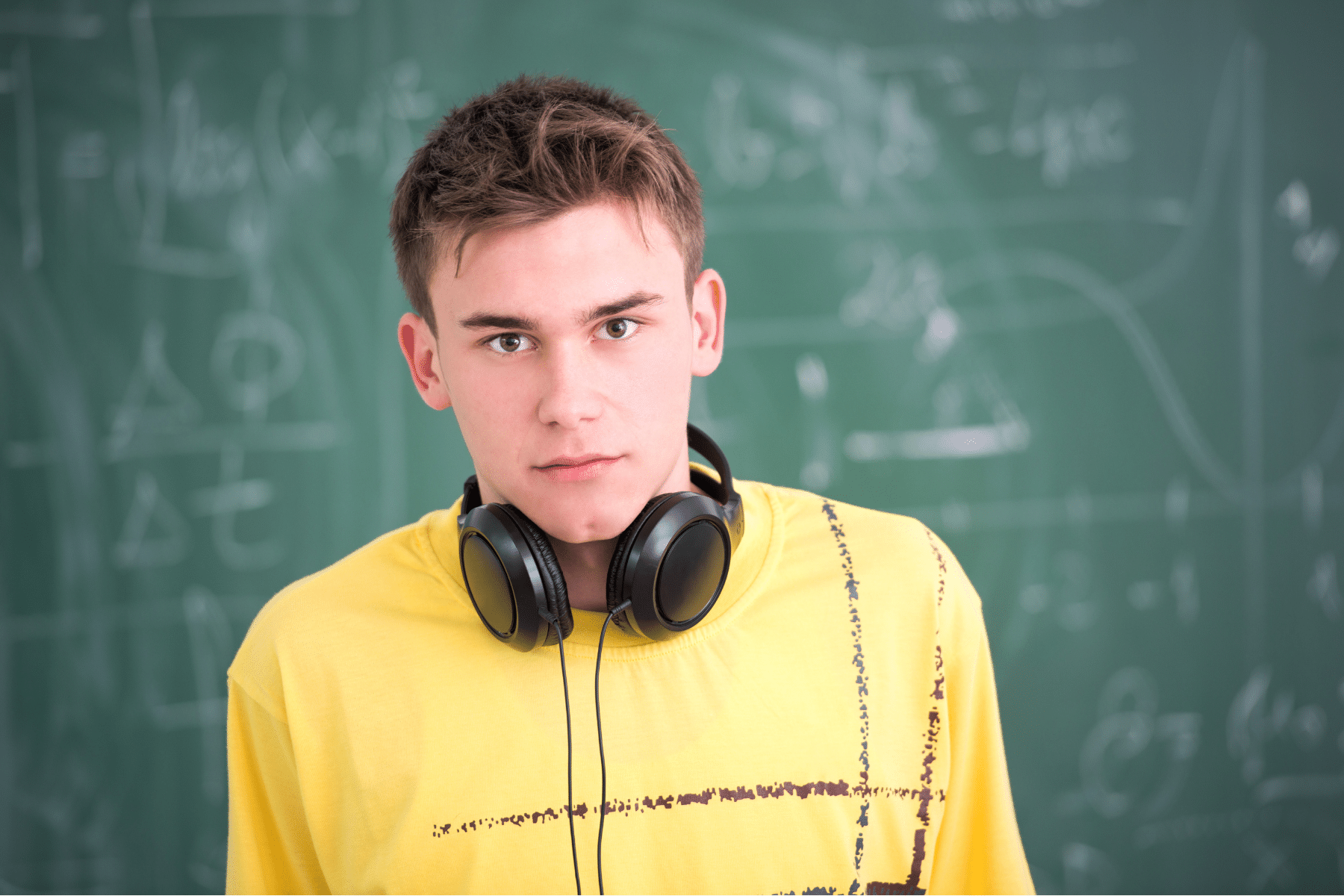 image of an college age boy with headphones around his neck