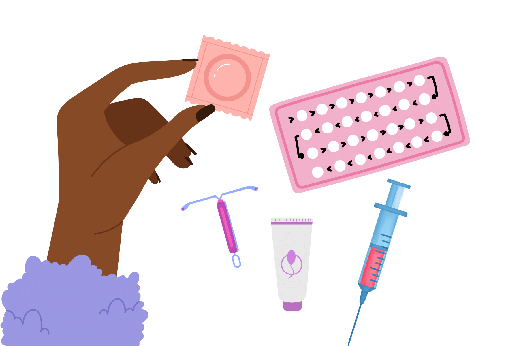 drawing of a black hand holding different types of birth control