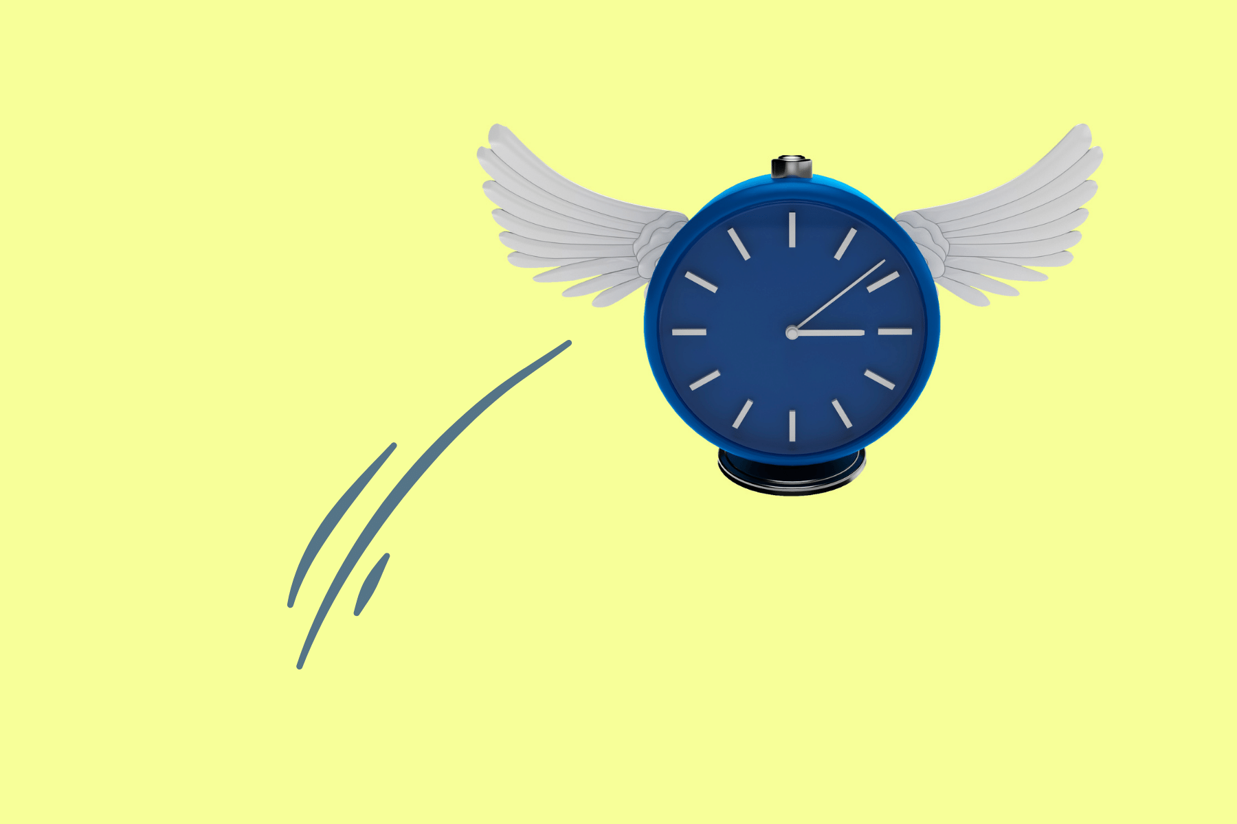 clock with wings, flying away on yellow background