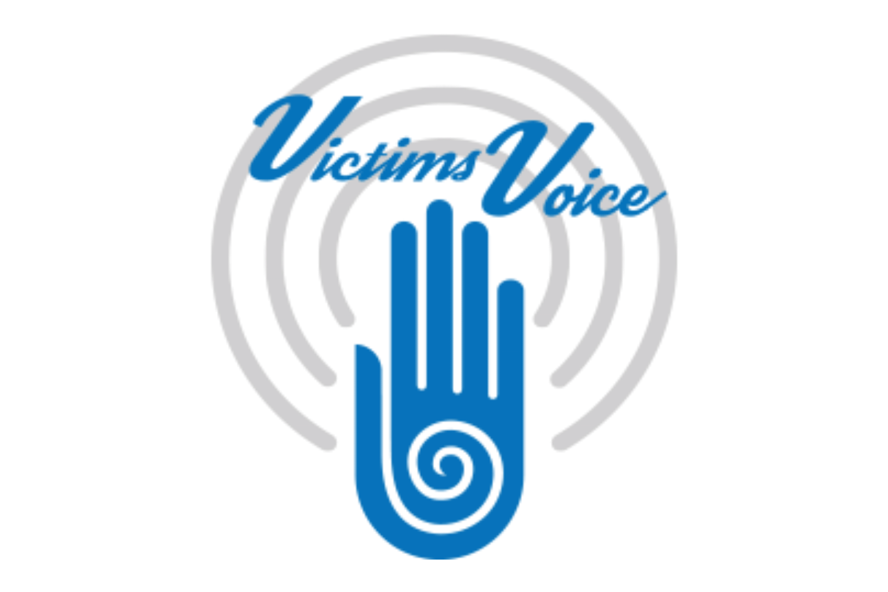 The words Victims Voice written above the outline of a hand that has a swirl in the palm.  
