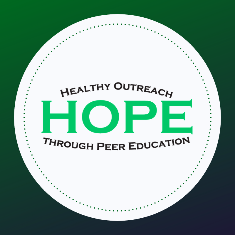The photo depicts health outreach through peer education in green text